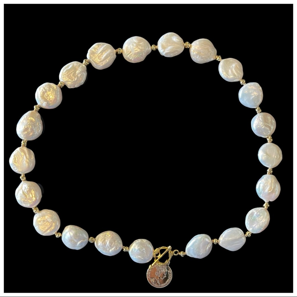 Natural Pearl Coin Necklace - Picture 4 of 11